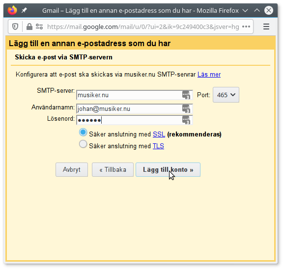 Gmail Skicka serverinställningar